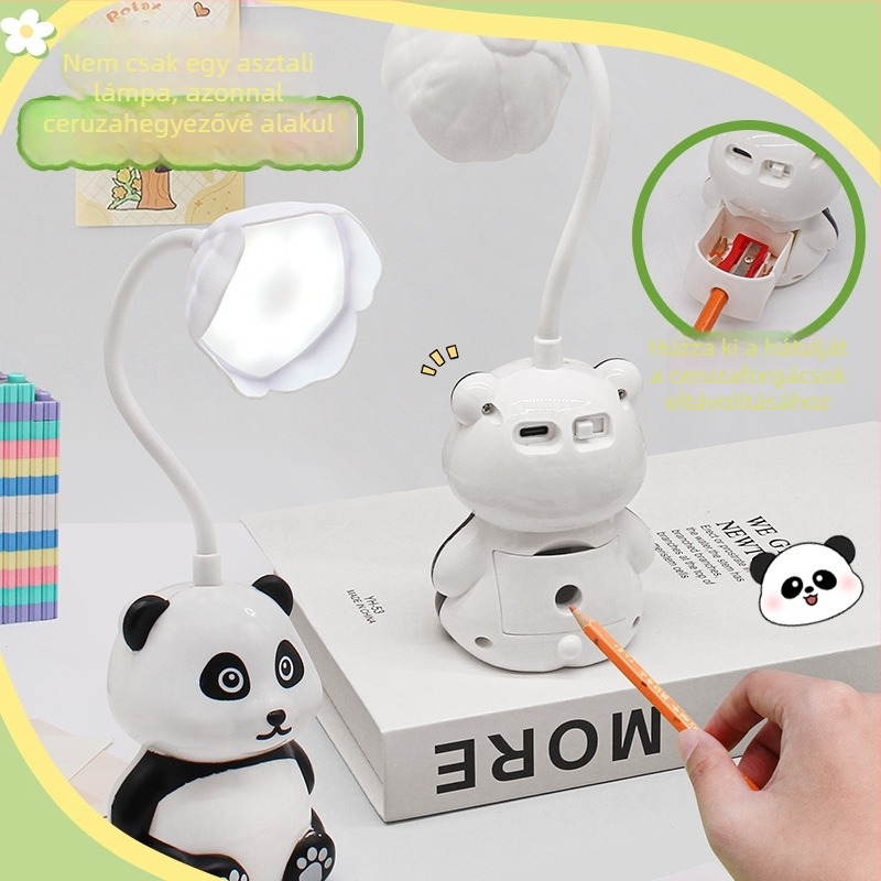 Panda asztali lámpa ceruzahegyezővel, USB-töltésű LED összecsukható éjjeli fény