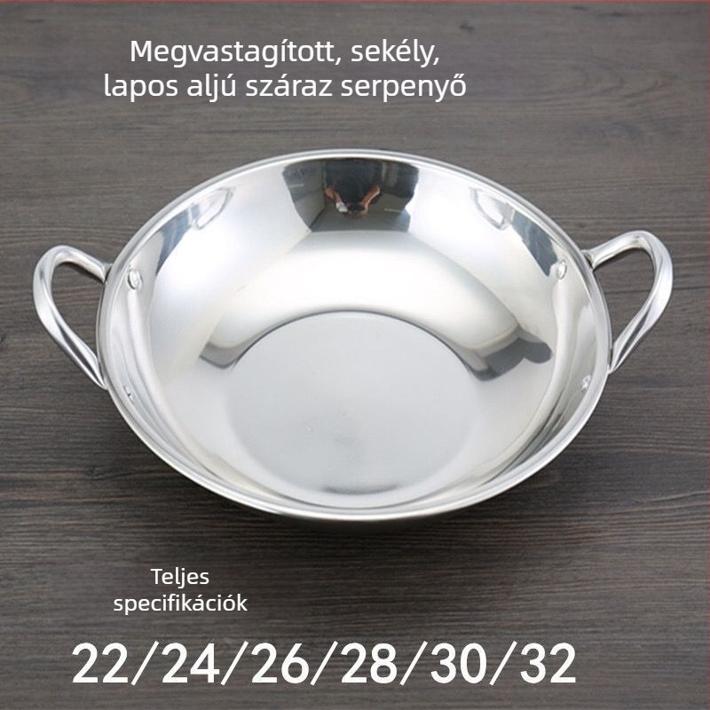 Vastagított rozsdamentes acélból készült sekély aljú edény kereskedelmi bárhasználatra; kisméretű hot pot, dry pot és alkoholfőző készülék, lapos aljzattal.