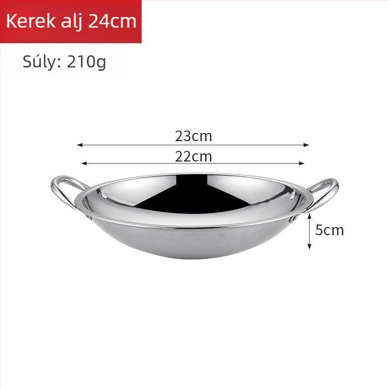 Vastagított rozsdamentes acélból készült sekély aljú edény kereskedelmi bárhasználatra; kisméretű hot pot, dry pot és alkoholfőző készülék, lapos aljzattal.