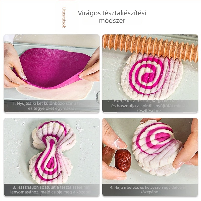 Fából készült nyújtófa spirálisan bordázott éllel és domborított virágmintával sütéshez