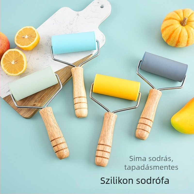 Konyhai szilikon nyújtófa, bükkfa nyéllel, tapadásmentes, kis méret, tészta nyújtásához és sütéshez
