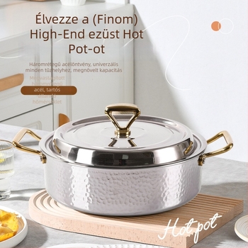 Kalapácsolt háromrétegű rozsdamentes acél Yin‑Yang hot pot edény szeparátorral, alkalmas indukciós és gáztűzhelyre, vastagított tiszta levesnek való fazék, kapacitás 4,1-6 L és 2,1-4 L