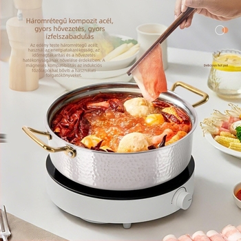 Kalapácsolt háromrétegű rozsdamentes acél Yin‑Yang hot pot edény szeparátorral, alkalmas indukciós és gáztűzhelyre, vastagított tiszta levesnek való fazék, kapacitás 4,1-6 L és 2,1-4 L