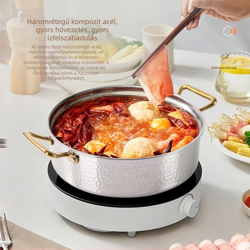 Kalapácsolt háromrétegű rozsdamentes acél Yin‑Yang hot pot edény szeparátorral, alkalmas indukciós és gáztűzhelyre, vastagított tiszta levesnek való fazék, kapacitás 4,1-6 L és 2,1-4 L