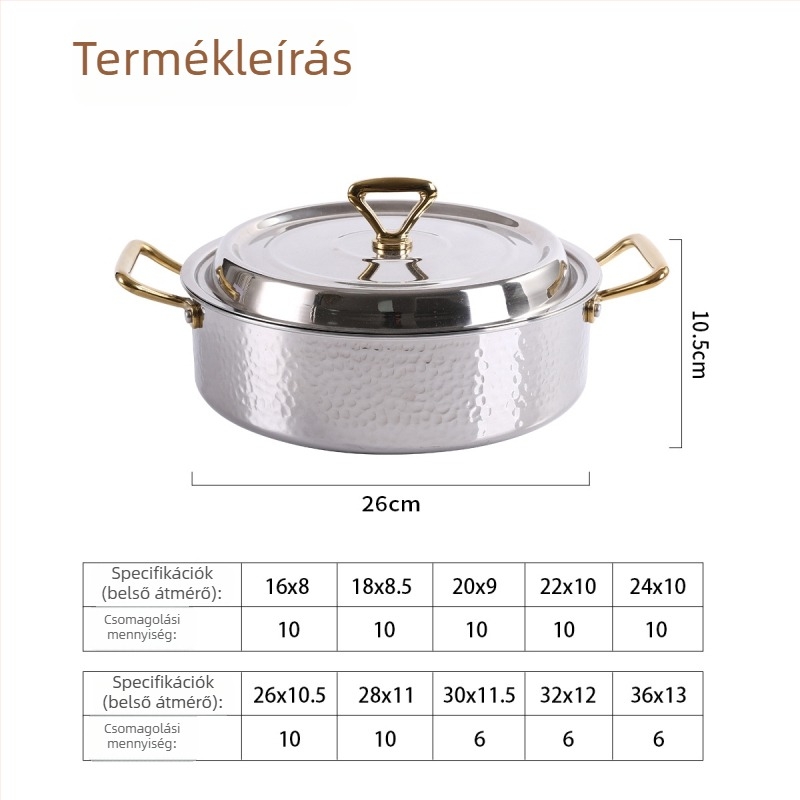Kalapácsolt háromrétegű rozsdamentes acél Yin‑Yang hot pot edény szeparátorral, alkalmas indukciós és gáztűzhelyre, vastagított tiszta levesnek való fazék, kapacitás 4,1-6 L és 2,1-4 L