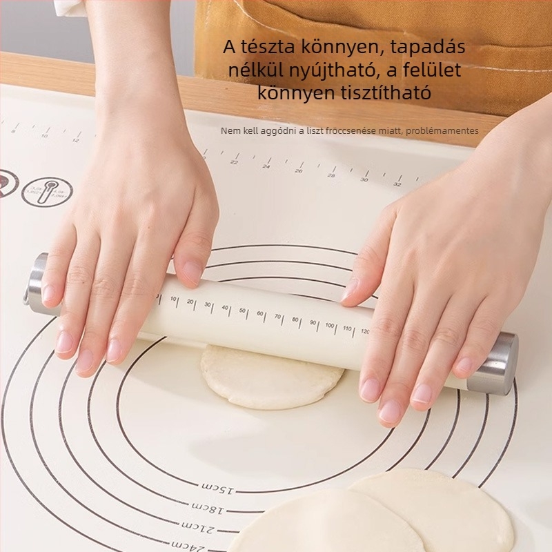Acélmagos tészta nyújtó, élelmiszer-minőségű szilikon bevonattal, háztartási sütőeszköz mérőskálával