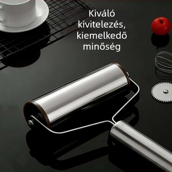 Rozsdamentes acélból készült nyújtófa tésztalapokhoz, egykezes használat, erőkímélő