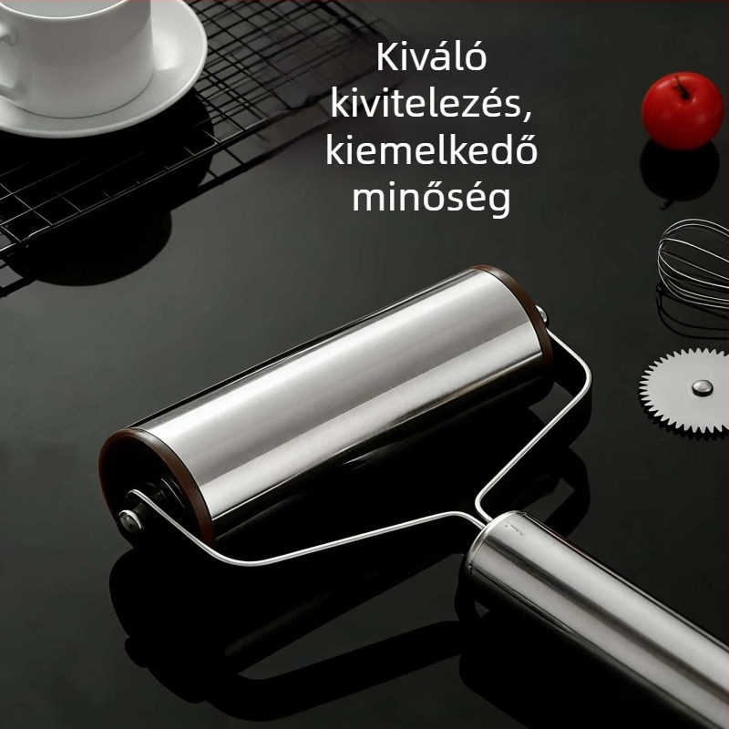 Rozsdamentes acélból készült nyújtófa tésztalapokhoz, egykezes használat, erőkímélő