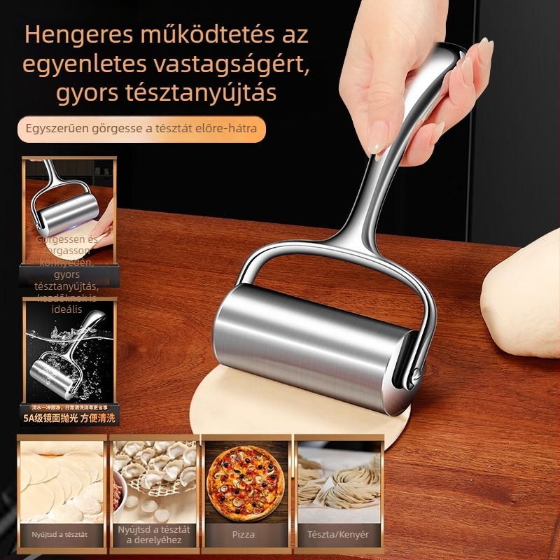 304 rozsdamentes acél tészta nyújtófa, görgő típusú, élelmiszer-minőségű, háztartási használatra