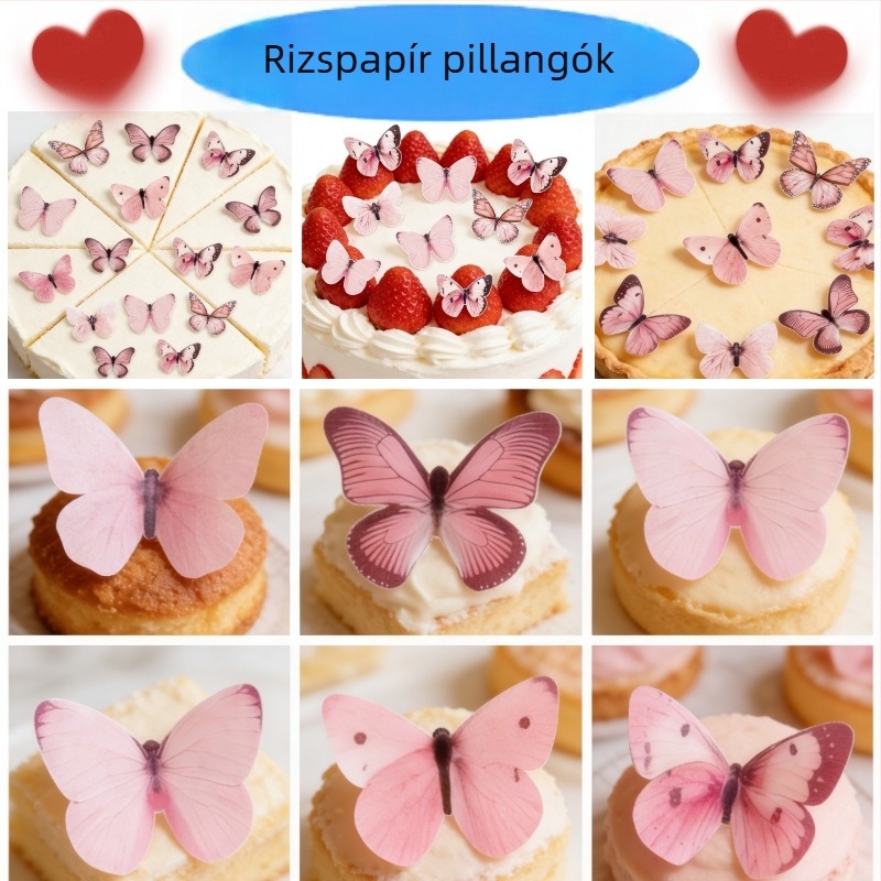 80 darab rózsaszín pillangó alakú ragadós rizspapír sütéshez – desszertdíszítés tortákhoz, születésnapokra, DIY waferpapír