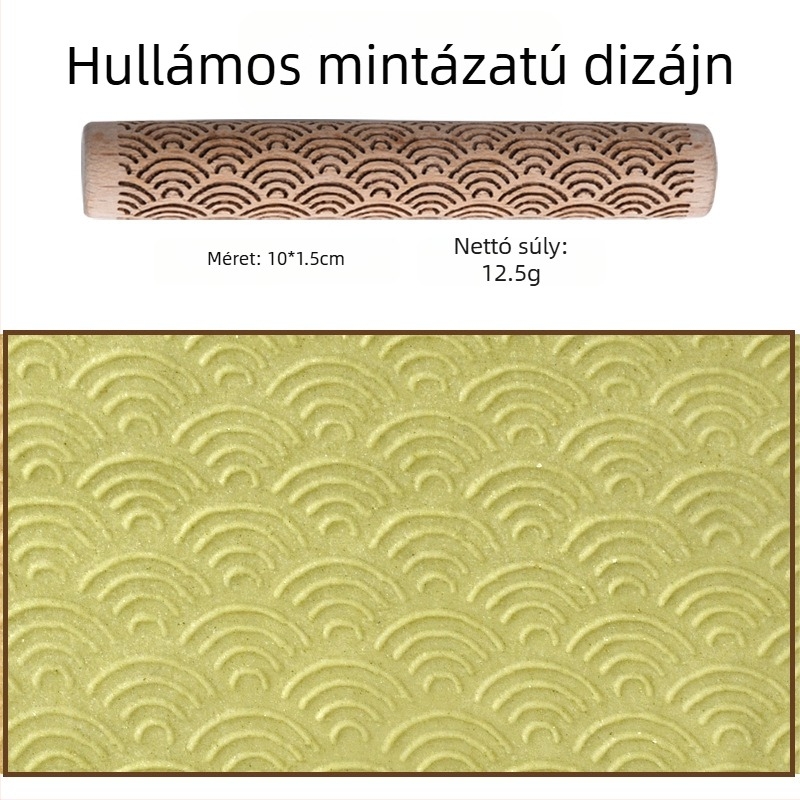 Bükkfából készült reliefes sodrófa lézergravírozott mintákkal, süteményekhez, gyurmához és kerámiához