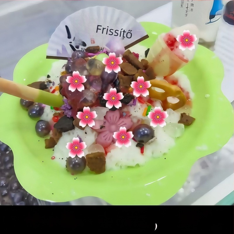 Koreai stílusú hópehelyes desszert dekorációja ehető waferpapír virágokkal