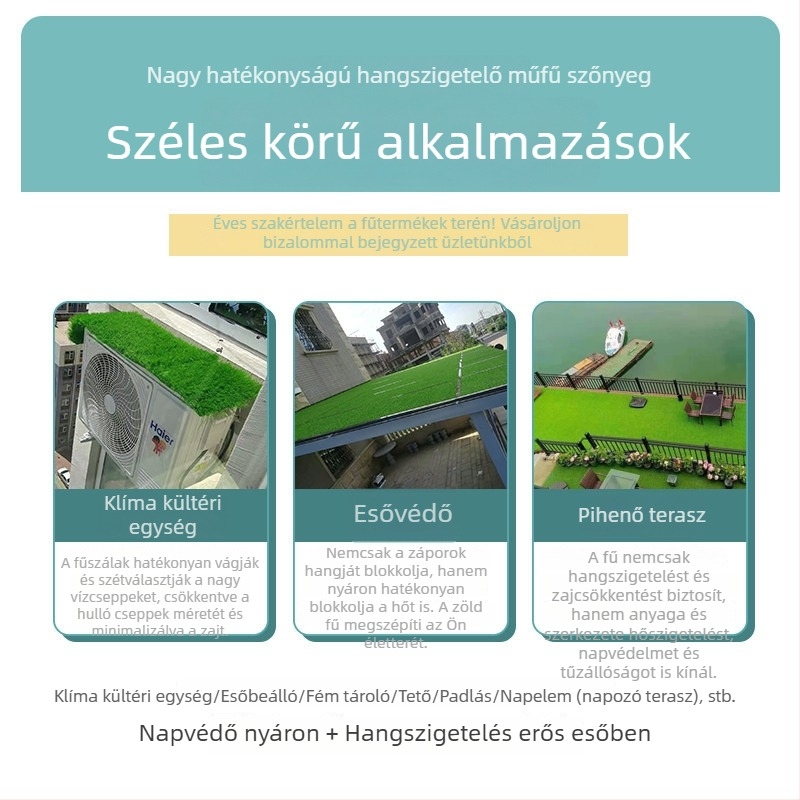 Esővédő hangszigetelő matrac műfüves kivitelben, kültéri vízálló és csendes, klímaberendezés izolálására, tetőre alkalmas gyepszőnyeg