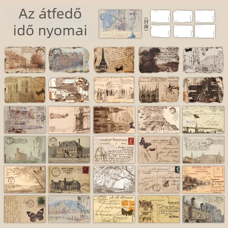 Retro építészetet ábrázoló képeslap kolázs elemekkel, angol nyelvű üdvözlőlap, régi újság motívumokkal naplóíráshoz és dekorációhoz
