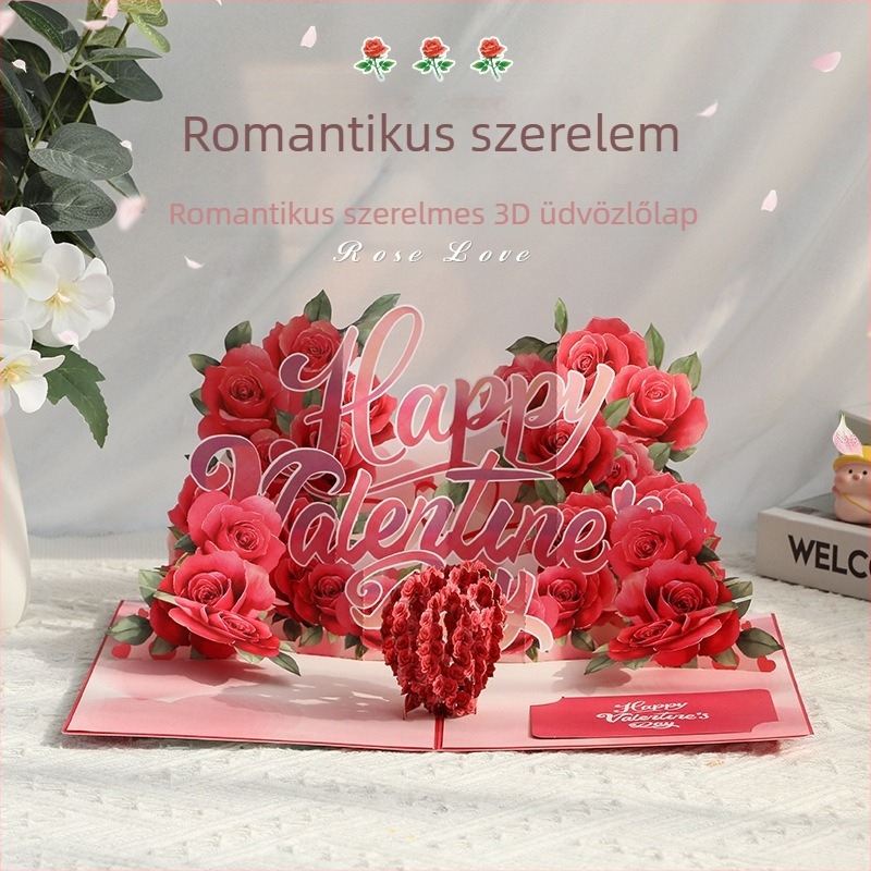 Új pop-up Valentin-napi üdvözlőlap romantikus rózsával, 3D hatás, hajtogatható évfordulós kártya