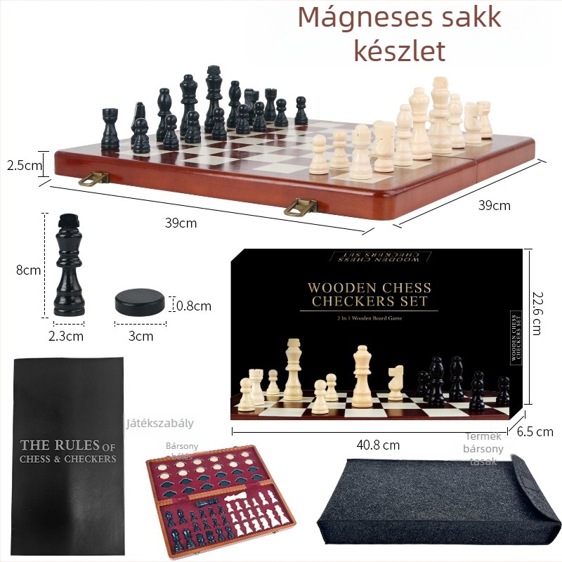 Mágneses összecsukható nagy tömörfa sakk tábla készlet