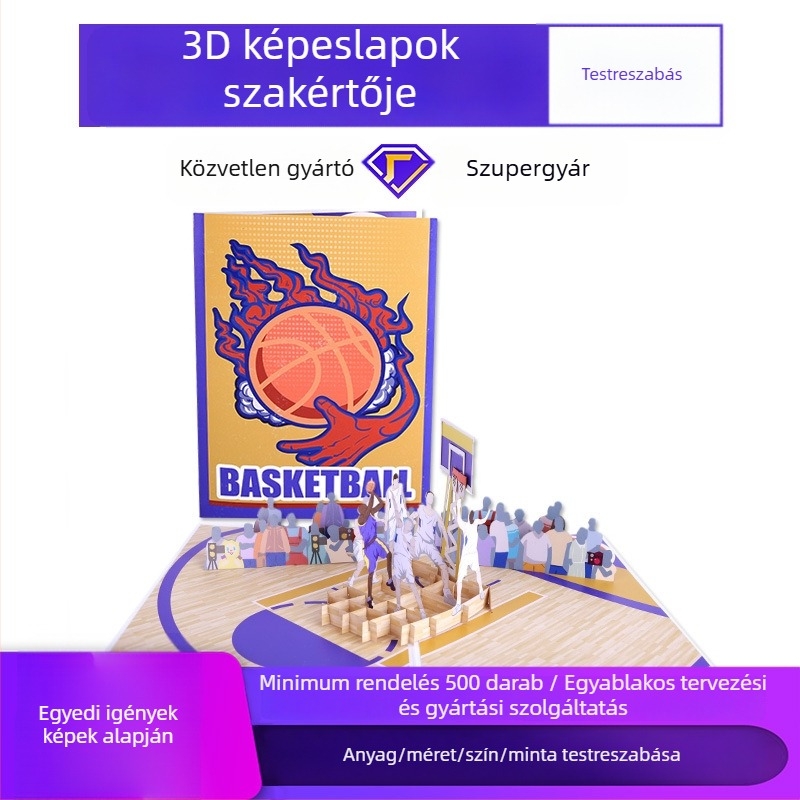 3D kosaras témájú üdvözlőlap, kézzel vágott papír, áldás és köszönöm üzenet
