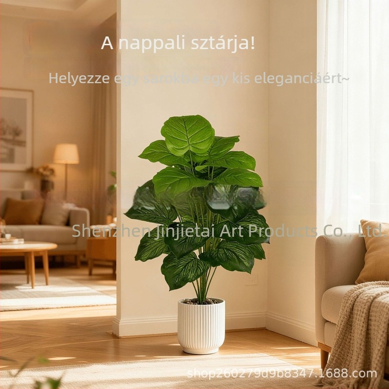 Műnövény műanyag cserépben otthoni dekorációhoz, 18‑ágú víz Kalathea, nagy zöld mintás levelekkel