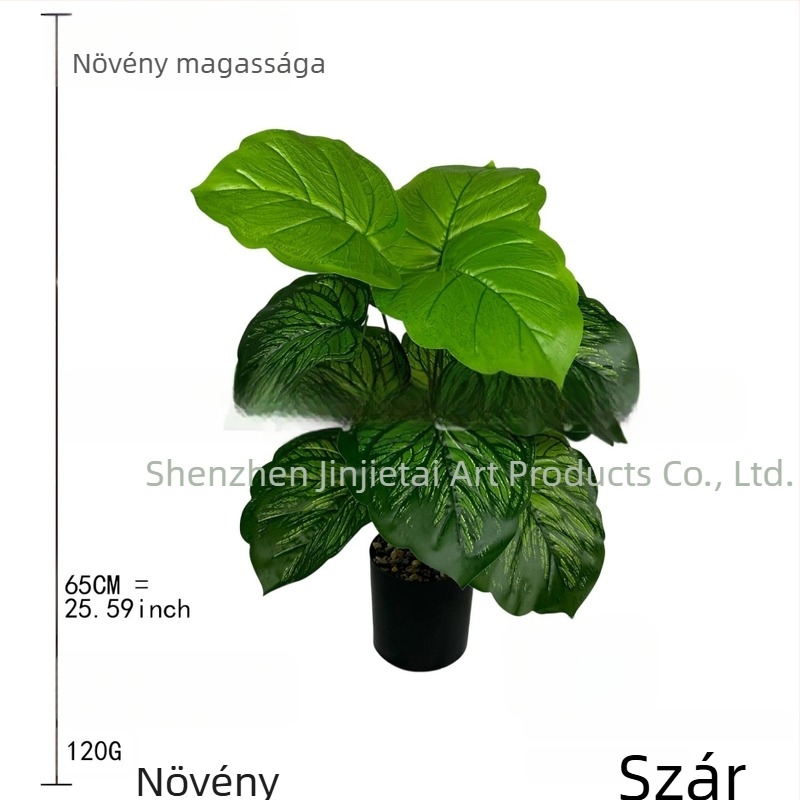 Műnövény műanyag cserépben otthoni dekorációhoz, 18‑ágú víz Kalathea, nagy zöld mintás levelekkel