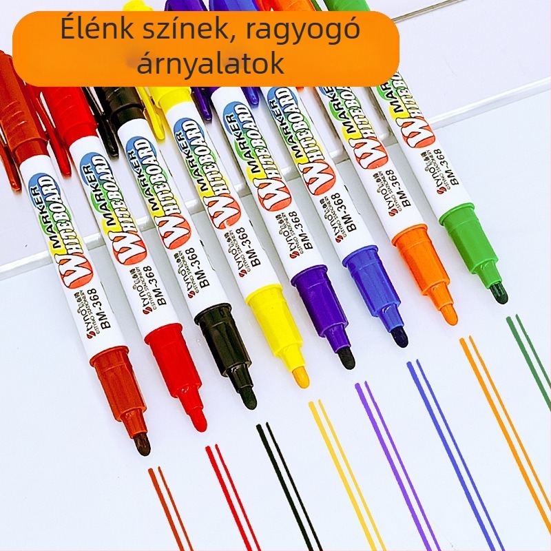 Fehértábla marker készlet, 8 szín, dupla végű, vast és vékony heglyel, vízbázisú, mosható, irodába és otthonra