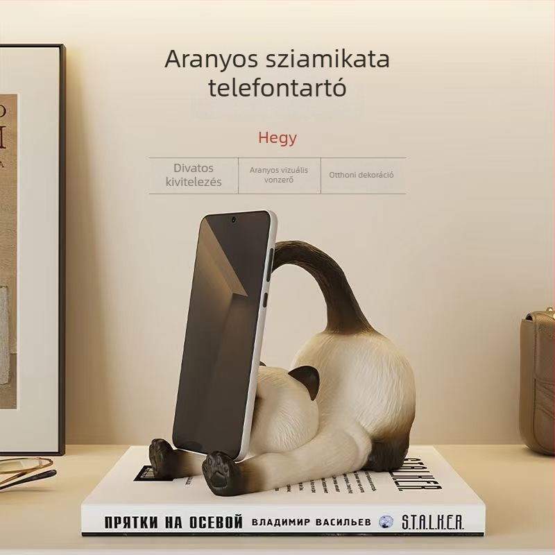 Sziámi macska formájú telefon- és tablet-tartó, gyanta asztali dekoráció, ajándék lányoknak