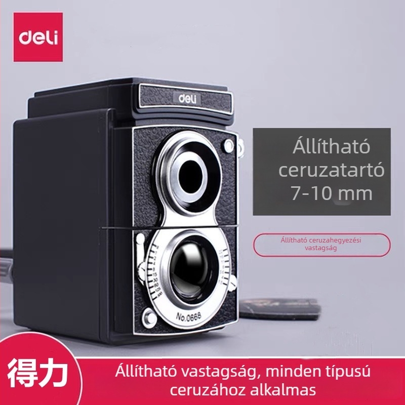 Deli 0668 ceruzavágó dupla nyílású, retro kamera design, kézi forgó mechanizmus, diákoknak