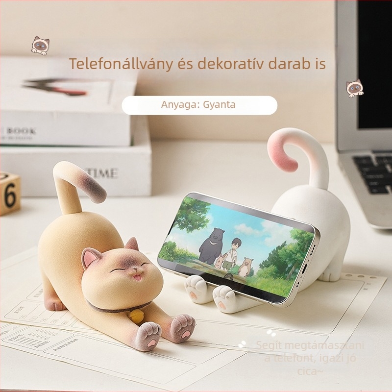 Siamesz macska telefon-tartó, mini gyanta díszfigura az íróasztalhoz, rajzfilm stílus