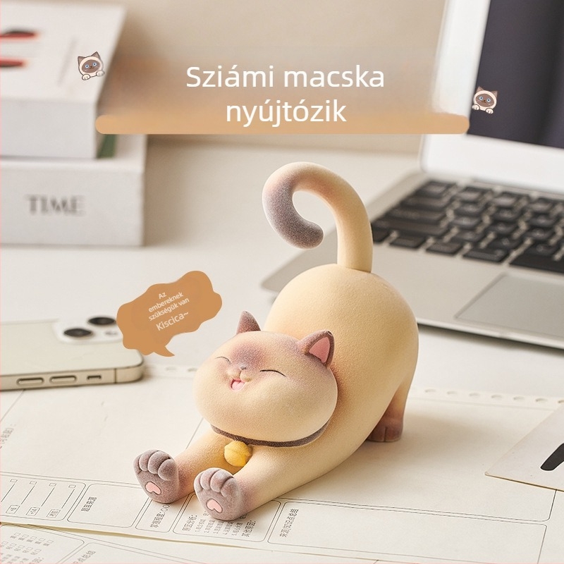 Siamesz macska telefon-tartó, mini gyanta díszfigura az íróasztalhoz, rajzfilm stílus