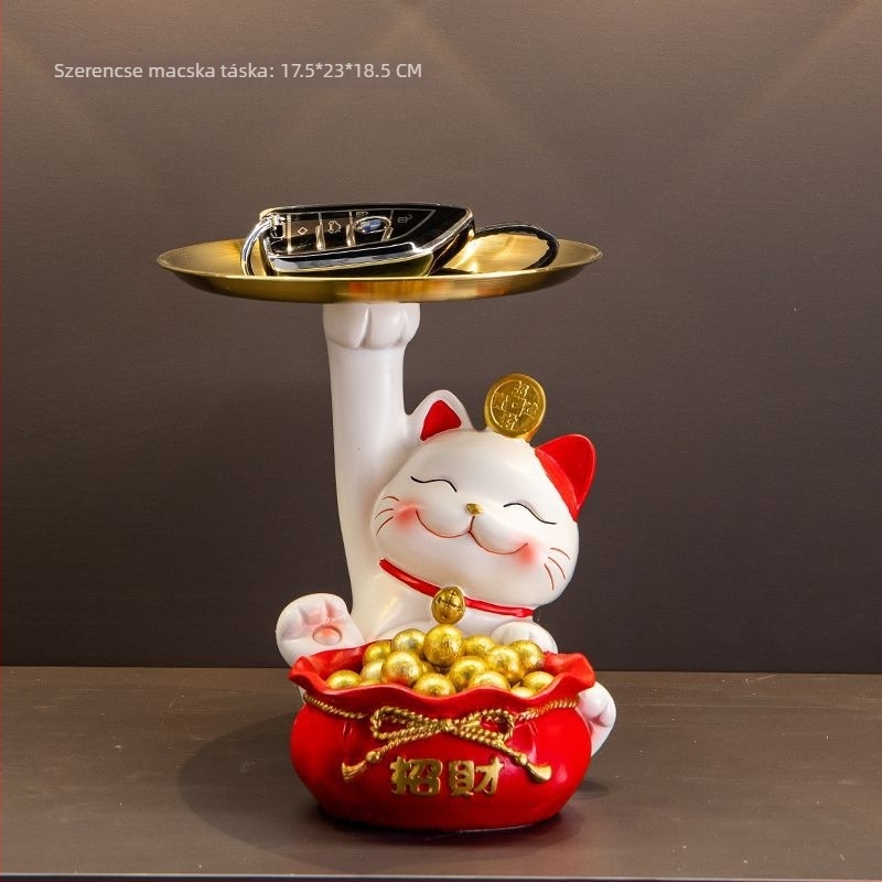 Bejárati ajtóhoz készült Maneki Neko kulcs-tároló dísztárgy, otthont dekoráló, kreatív ajándék új otthonba, dupla szerencse tasak