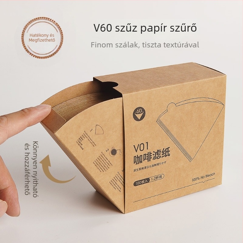Kávéfilterpapír, konuszos alakú, nyers fa cellulózból, amerikai stílusú pour-overhez, csepegtetős szűrés, V01/02, dobozban, 50/100 lap