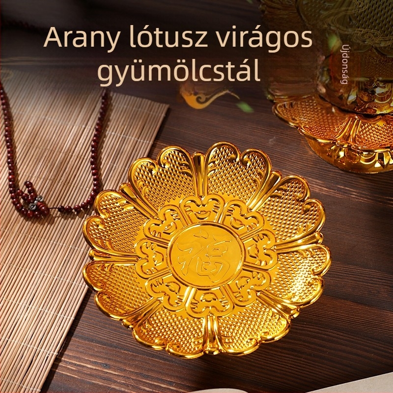 Arany lótusz virággal és Fu jelképpel, műanyag gyümölcstál, otthoni használatra