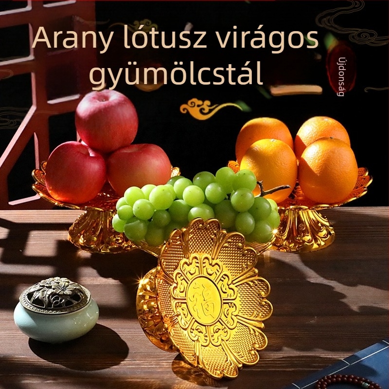 Arany lótusz virággal és Fu jelképpel, műanyag gyümölcstál, otthoni használatra
