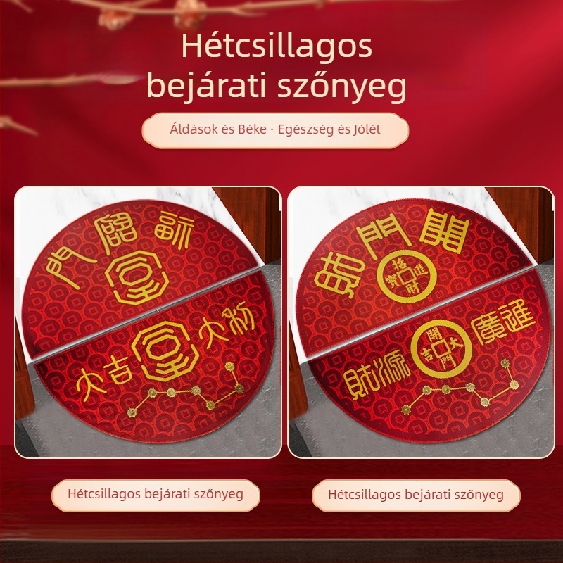 Vastag félholdas ajtómatrac, hét csillagos mintával; kerek szerencse-matrac hat császár érméivel