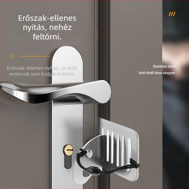 Hordozható ajtó stopper és zár, rozsdamentes acél, gyöngyházfényű felület, egyedül lakók biztonságára