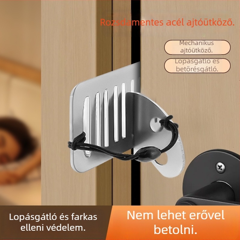 Hordozható ajtó stopper és zár, rozsdamentes acél, gyöngyházfényű felület, egyedül lakók biztonságára