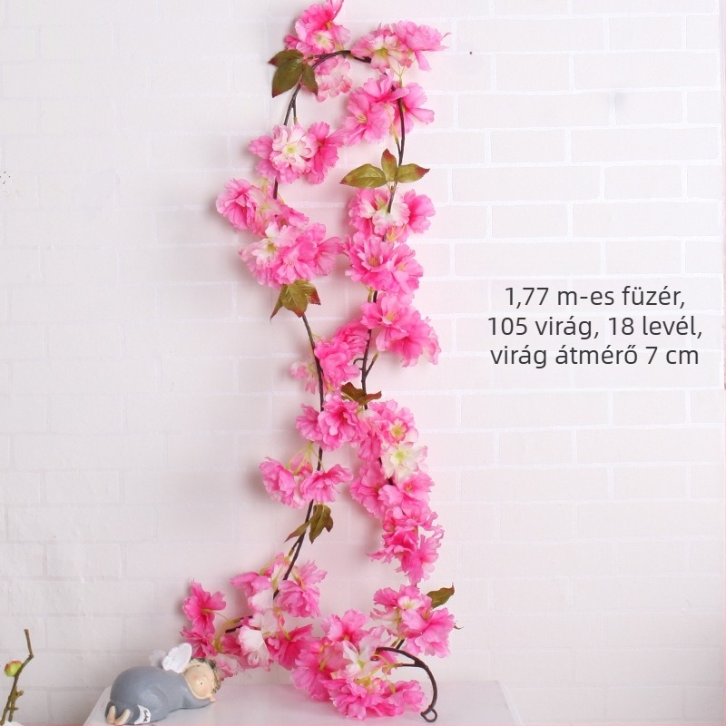 Mesterséges Sakura virágokból készült csokor és futó növény, 200 cm magas, fehér, világos rózsaszín és sötét rózsaszín