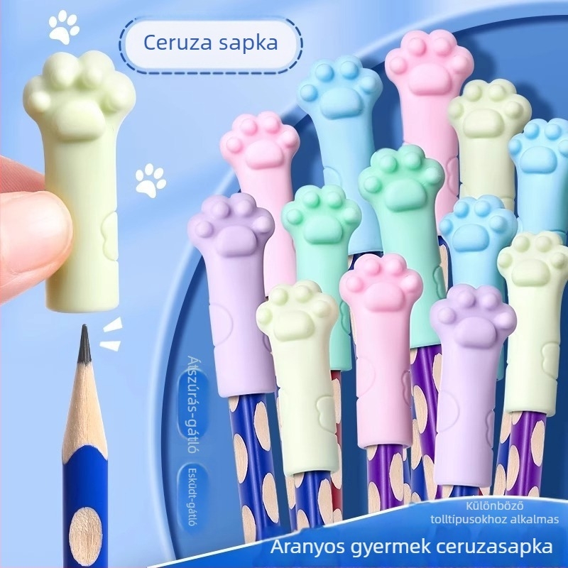 Macska mintás ceruzakapók, puha gumiból, univerzális a háromszög- és hatszögű ceruzákhoz, radírként is használható.