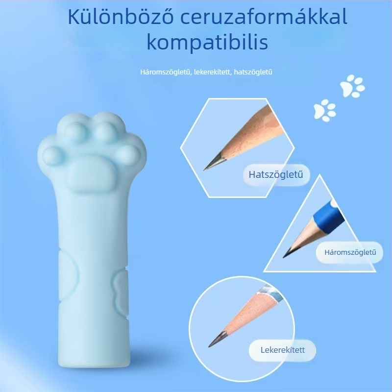 Macska mintás ceruzakapók, puha gumiból, univerzális a háromszög- és hatszögű ceruzákhoz, radírként is használható.