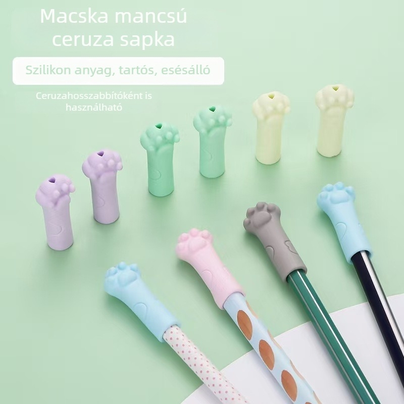 Macska mintás ceruzakapók, puha gumiból, univerzális a háromszög- és hatszögű ceruzákhoz, radírként is használható.