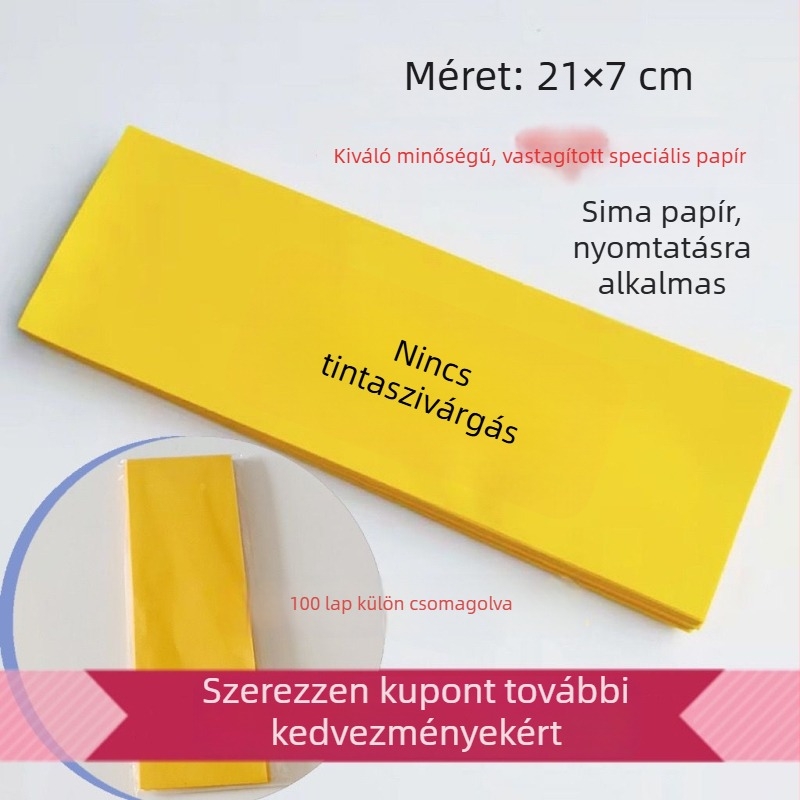 Üres talizmán papír, vastított, foltot és átszivárgást ellenálló, hosszú sávú sárga és piros papír, méret 21 x 7 cm, 100 lap egyedi csomagolásban