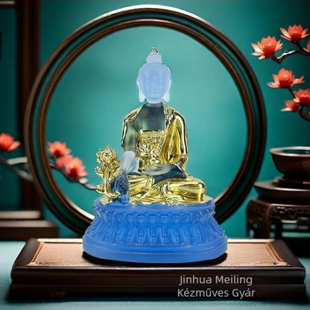 Gyógyító Buddha szobor gyantából aranylapos díszítéssel, otthoni oltár vagy nappali asztali dekoráció