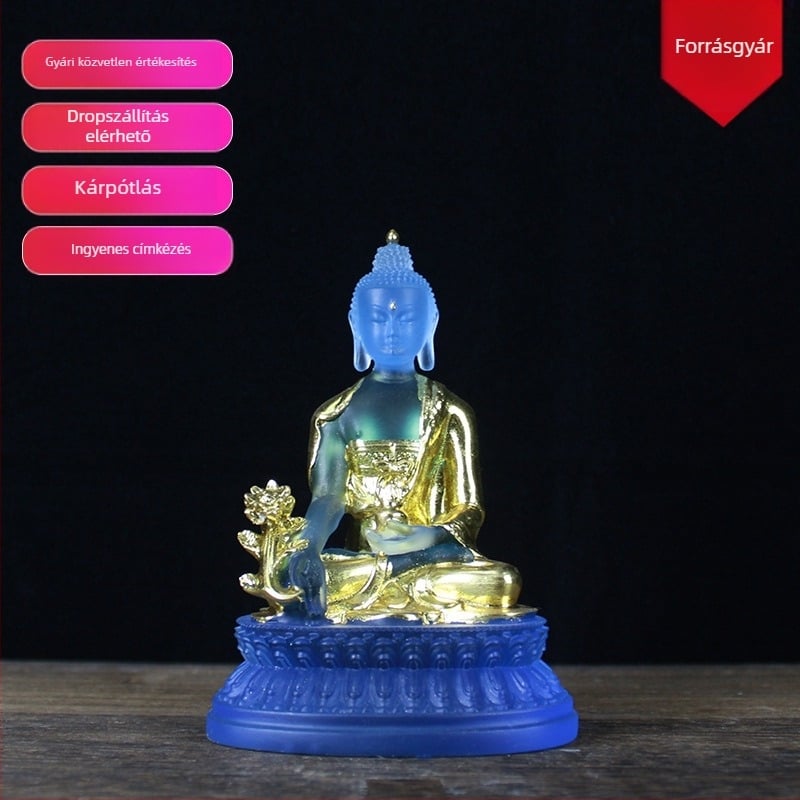 Gyógyító Buddha szobor gyantából aranylapos díszítéssel, otthoni oltár vagy nappali asztali dekoráció