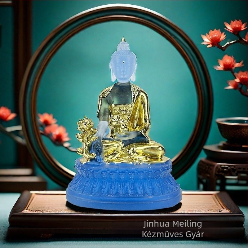 Gyógyító Buddha szobor gyantából aranylapos díszítéssel, otthoni oltár vagy nappali asztali dekoráció