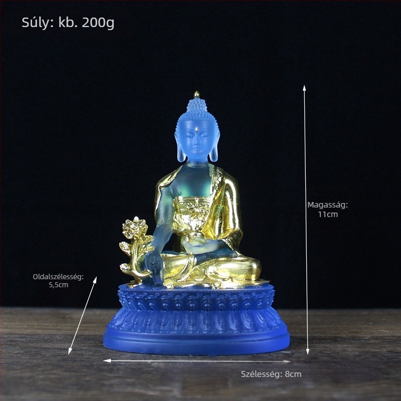 Gyógyító Buddha szobor gyantából aranylapos díszítéssel, otthoni oltár vagy nappali asztali dekoráció