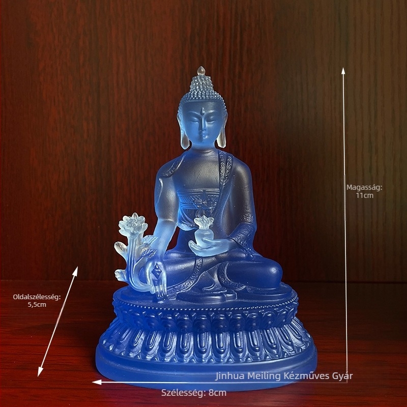 Gyógyító Buddha szobor gyantából aranylapos díszítéssel, otthoni oltár vagy nappali asztali dekoráció