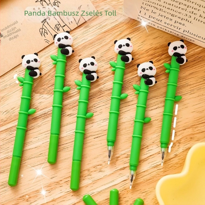 Golyóstoll bambusz panda dizájnnal, aranyos rajzfilmszerű stílus általános iskolásoknak, fekete szilikon burkolat, ajándék