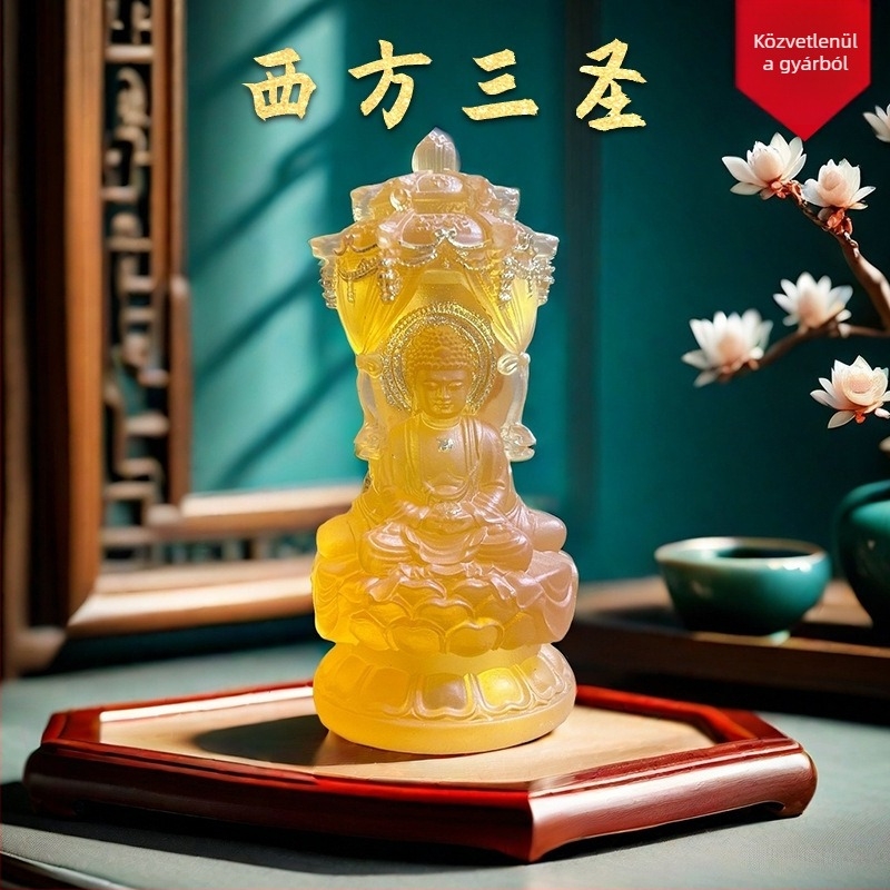 Vízglazúrozott gyanta szobor Amitábha Buddhával, Avalokiteshvara (Guanyin) és Mahasthamaprapta Bodhisattvával aranyfóliával