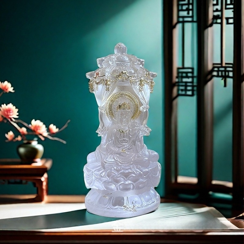 Vízglazúrozott gyanta szobor Amitábha Buddhával, Avalokiteshvara (Guanyin) és Mahasthamaprapta Bodhisattvával aranyfóliával