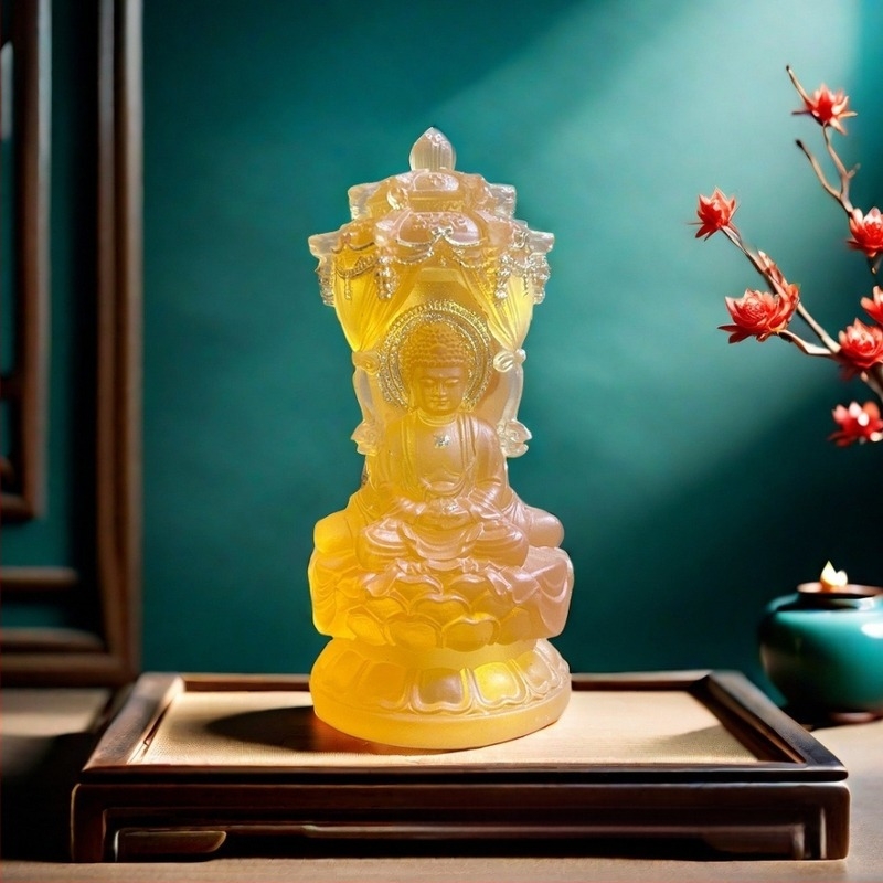 Vízglazúrozott gyanta szobor Amitábha Buddhával, Avalokiteshvara (Guanyin) és Mahasthamaprapta Bodhisattvával aranyfóliával