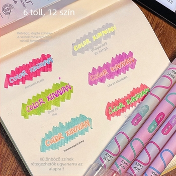 Kétoldalas akvarell tollak diákoknak – kiemeléshez és rajzoláshoz, 6 darabos készlet műanyag dobozban, modell 858